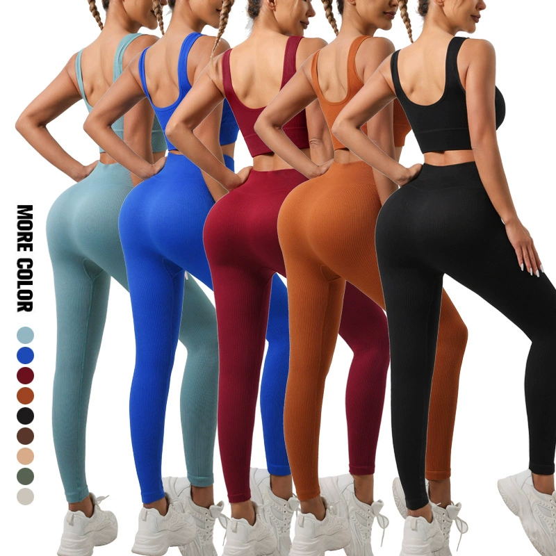 Трансграничный бесшовный резьбовой костюм для йоги спортивный фитнес-бюстгальтер для ягодиц быстрого сушки фитнес-брюки для йоги набор для женщин