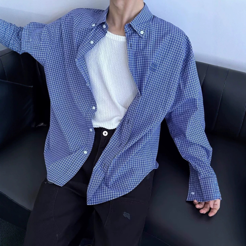 Blue Plaid Long-Sleeved Shirt for Men, Korean Style Casual Work Clothing, Versatile Embroidered Shirt, Lazy Style Outerwear, Trendy Tops for Women Blue Plaid Long-Sleeved Shirt for Men, Korean Style Casual Work Clothing, Versatile Embroidered Shirt, Lazy Style Outerwear, Trendy Tops for Women