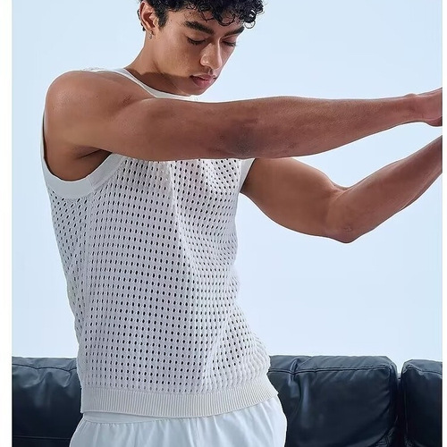 Men's Semi-Transparent Lattice Knit V-Neck Top with Indie Design and Cool Gritty Style