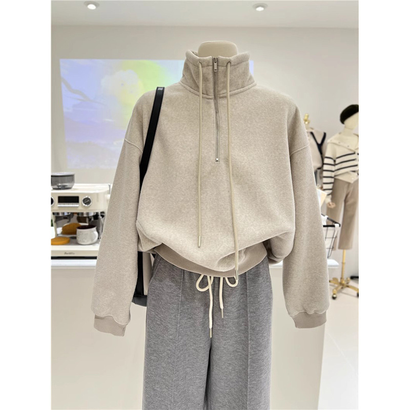 Foreign Trade Hong Kong Style Stand-Up Collar Half-Zip Sweatshirt for Women Spring & Fall Korean Style Versatile Large Size Loose Slimming Look Top