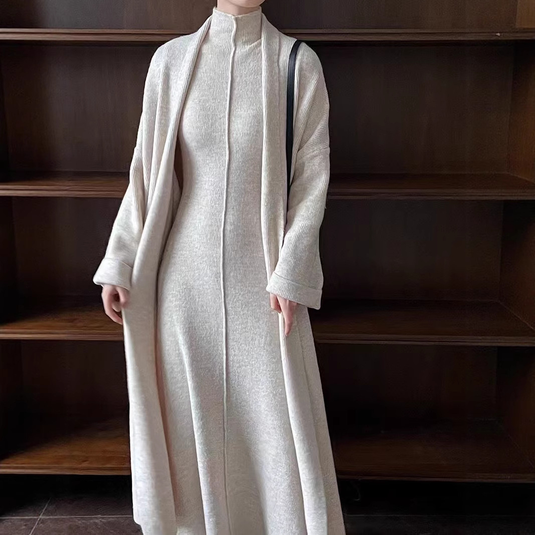 慵懒风长款开衫毛衣套装女秋冬新款港风无袖高领连衣裙针织两件套