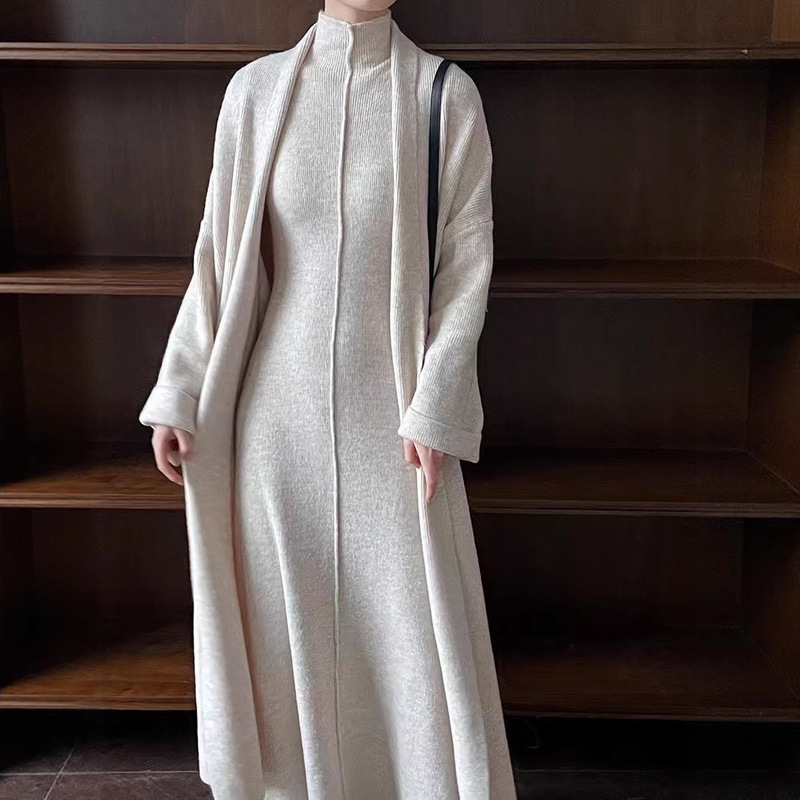 Lazy Style Long Cardigan Sweater Suit for Women Autumn and Winter New Style Hong Kong Style Sleeveless Turtleneck Dress Knitted Two-Piece Set