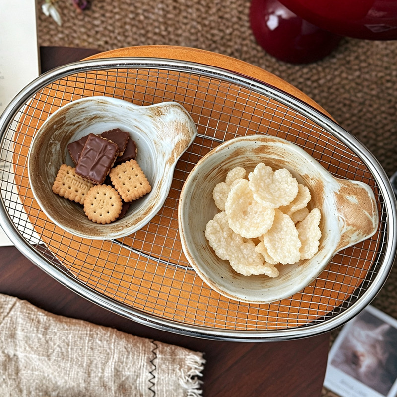 Jingdezhen Pure Handmade Ear-Shaped Dish, Wabi-Sabi Style Coarse Pottery Sauce Dish, Japanese-Style Sauce Dish with Spout, Retro Dipping Dish