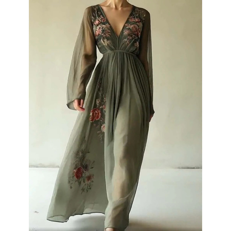 2025 Spring/Summer Amazon Independent Site Cross-Border Digital Positioning Print Long-Sleeve Long Collared Dress Maxi Dress