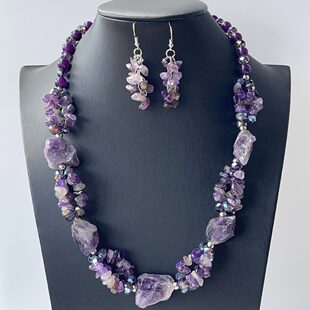 Cross-border European and American purple necklace set natural stone handmade niche jewelry two-piece earring set