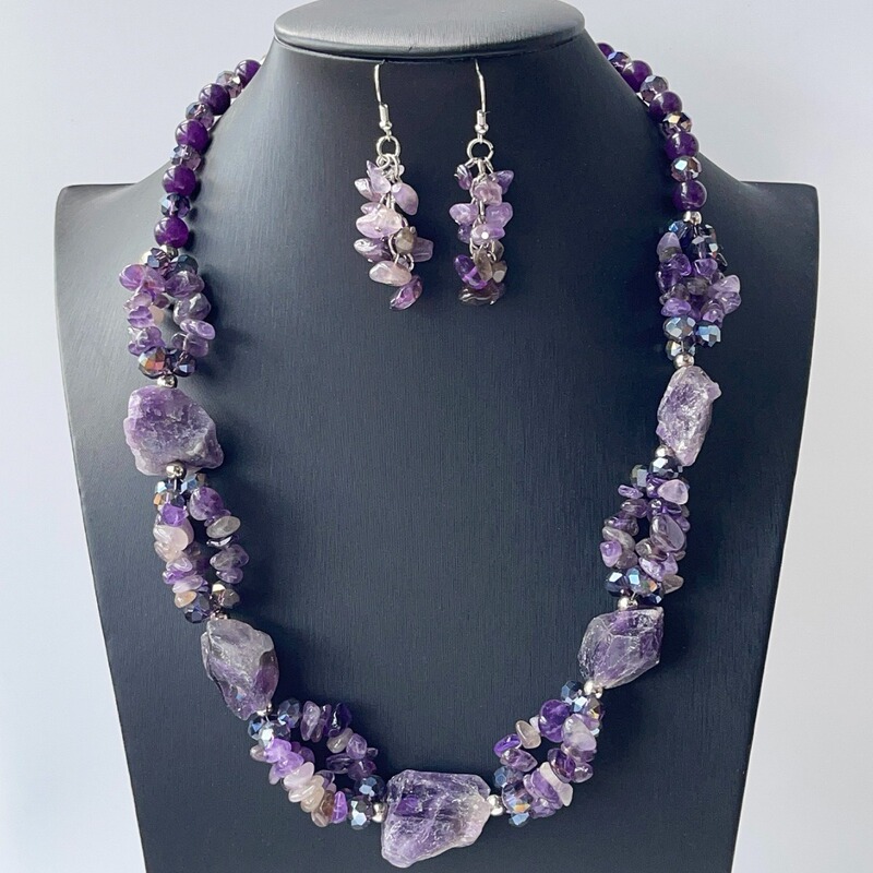 Cross-border European and American Purple Necklace suit Natural Stone Handmade Niche Jewelry Two-piece Earrings suit