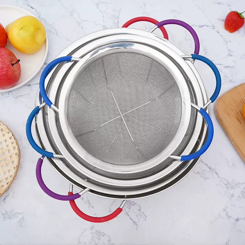 新款圆形多用不锈钢沥水篮水果滤水篮宽边镂空双耳洗米筛跨境供货