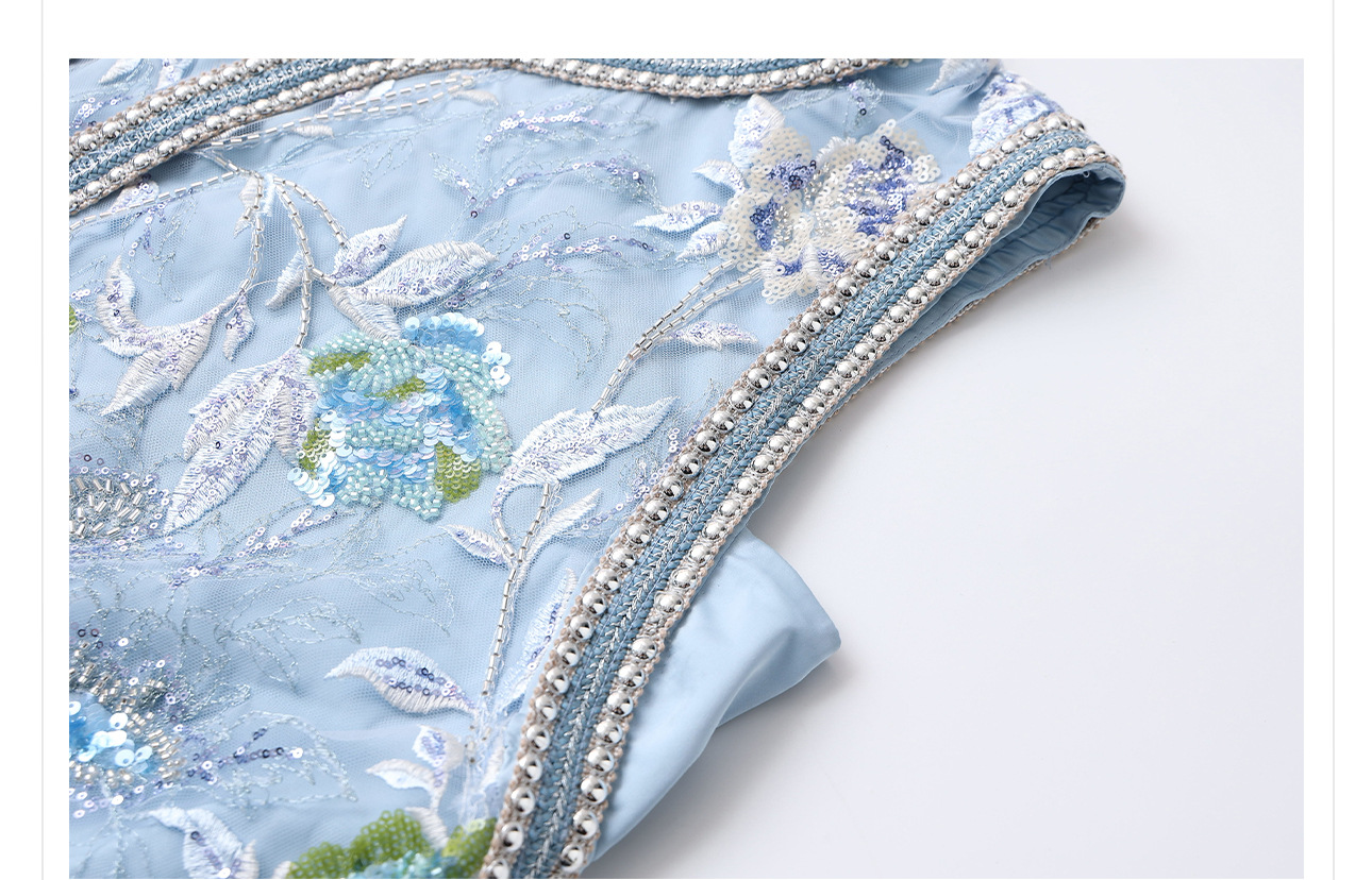 Váy sườn xám maxi thêu sequin phong cách Trung Quốc mới mùa hè N5042 — hồng, Xanh lam sông băng chi tiết 36