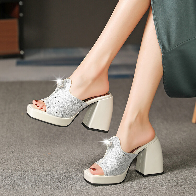 Factory Summer Sequined Fish Mouth Flip-Flops Thick Heel High Heel Outer Wear Sandals Thick Sole 40-43 Large Size Women's Shoes