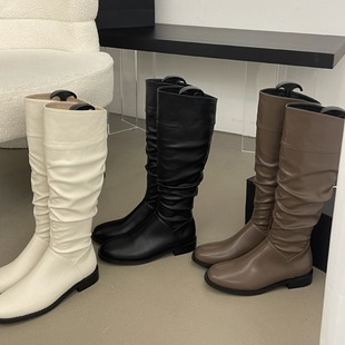 2024 New Explosions Round Toe Western Boots Wrinkle High Knights Thin Boots Hot Girl Boots