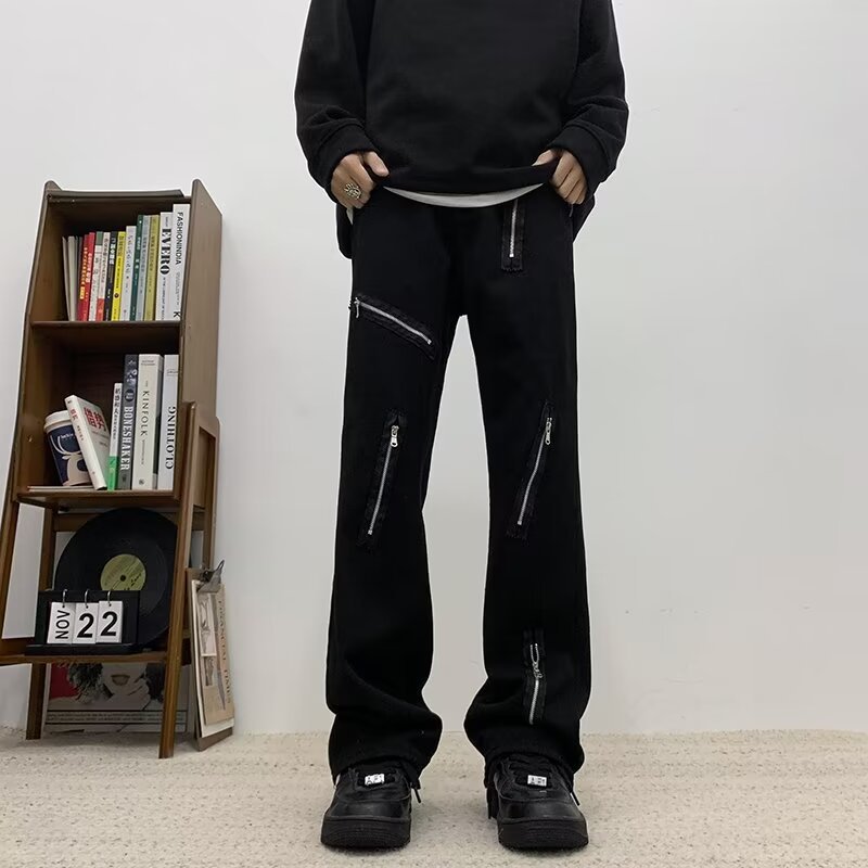 2024 아메리칸 스타일 하이 스트리트 세탁 블랙 루즈 청바지 남성 전국 유행 높은 허리 캐주얼 스트레이트 긴 트렌디 한 바지
