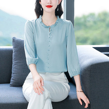 杭州真丝衬衫女士七分袖小衫2025早秋新款妈妈装桑蚕丝纯色上衣