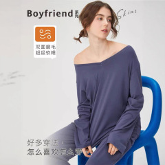 Skims同風ボーイフレンドVネック・モコットン快適長袖Tシャツドレープ通気性ゆったりルーズトップス