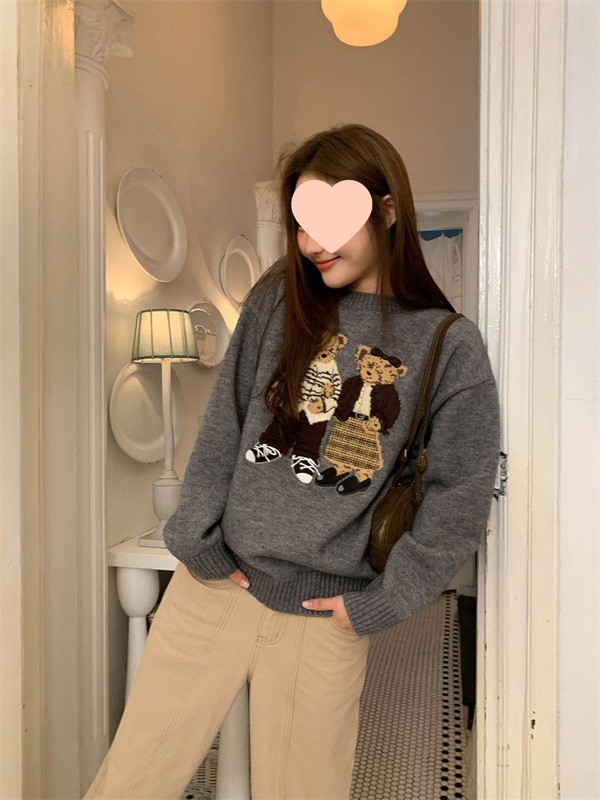 韩版可爱卡通小熊提花毛衣女秋季新款圆领套头长袖针织衫百搭上衣|undefined