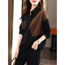 卫衣秋季女装2025新款时尚气质翻领撞色拼接落肩袖运动休闲上衣潮