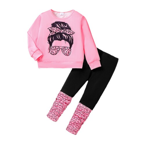 Children's Spring and Autumn Season Long-sleeve Pink Top and Pants 2-Piece Set