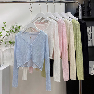 Long-Sleeve Sun-Protective Ice Silk Knit Cardigan with Ruffled Edges for Women, Summer Outfit Paired with a Camisole Dress, Air-Conditioning Jacket, and Blouse Top