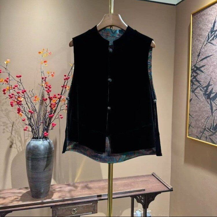Retro Style Accessible Luxury Velvet Vest A-Line Version Loose Single-Breasted Stand-Up Collar Women's Jacket Autum Reversible Vest