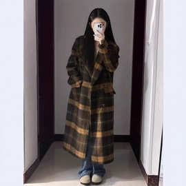呢子大衣外套女秋冬高级感小个子韩系格子加长款赫本风外套超好看