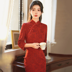 紅色國風中式日常改良旗袍2024新款年輕款女復古修身中長袖春秋裝