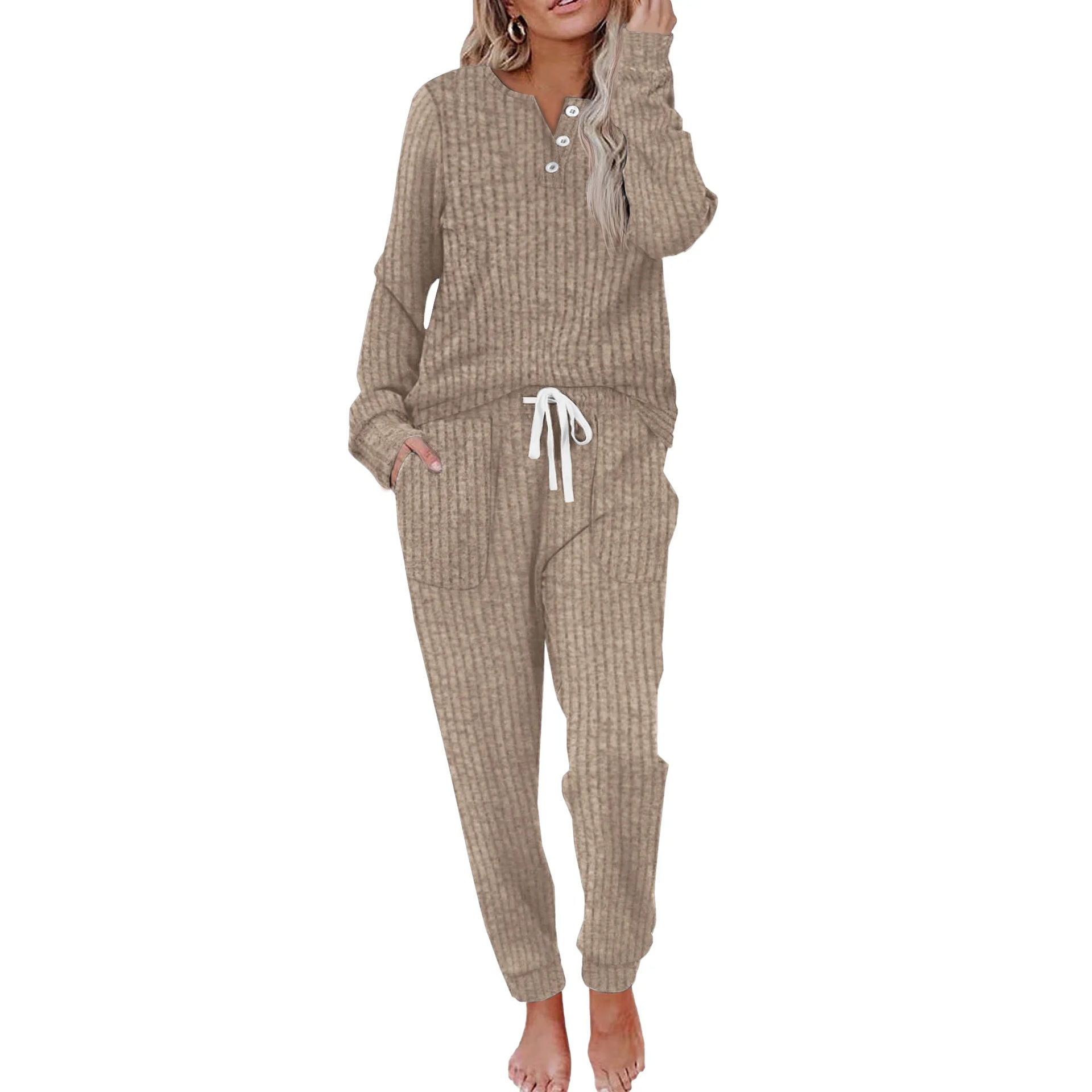 2025 Cross-Border European and American New Two-Piece Women's Casual Pocket Suit Buttoned Sweatshirt Pants Sports Suit