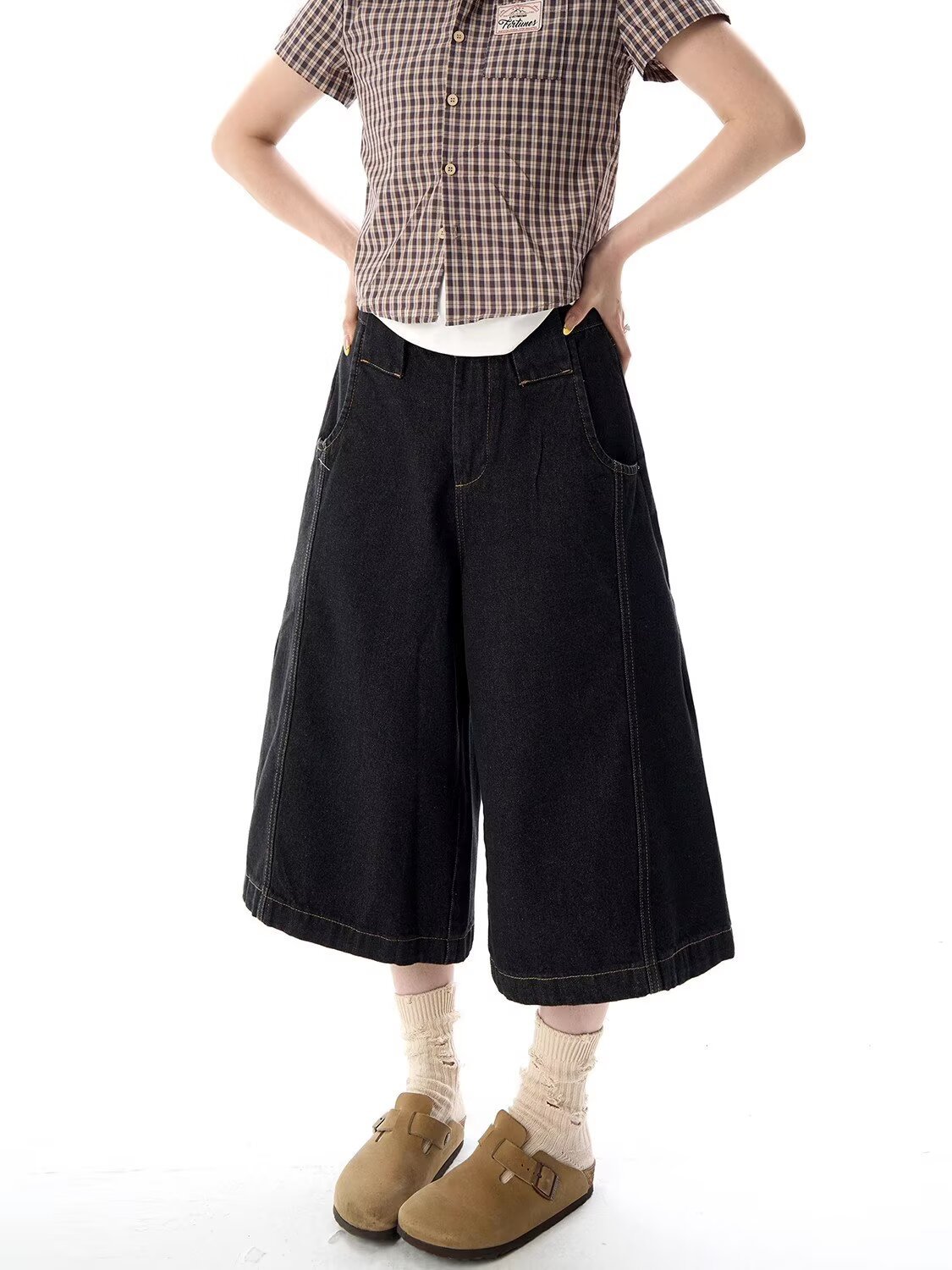 American Retro Washed Denim Shorts Men's Summer High Street Niche Design Casual Loose Wide-Leg Mid-Pants Cropped Pants