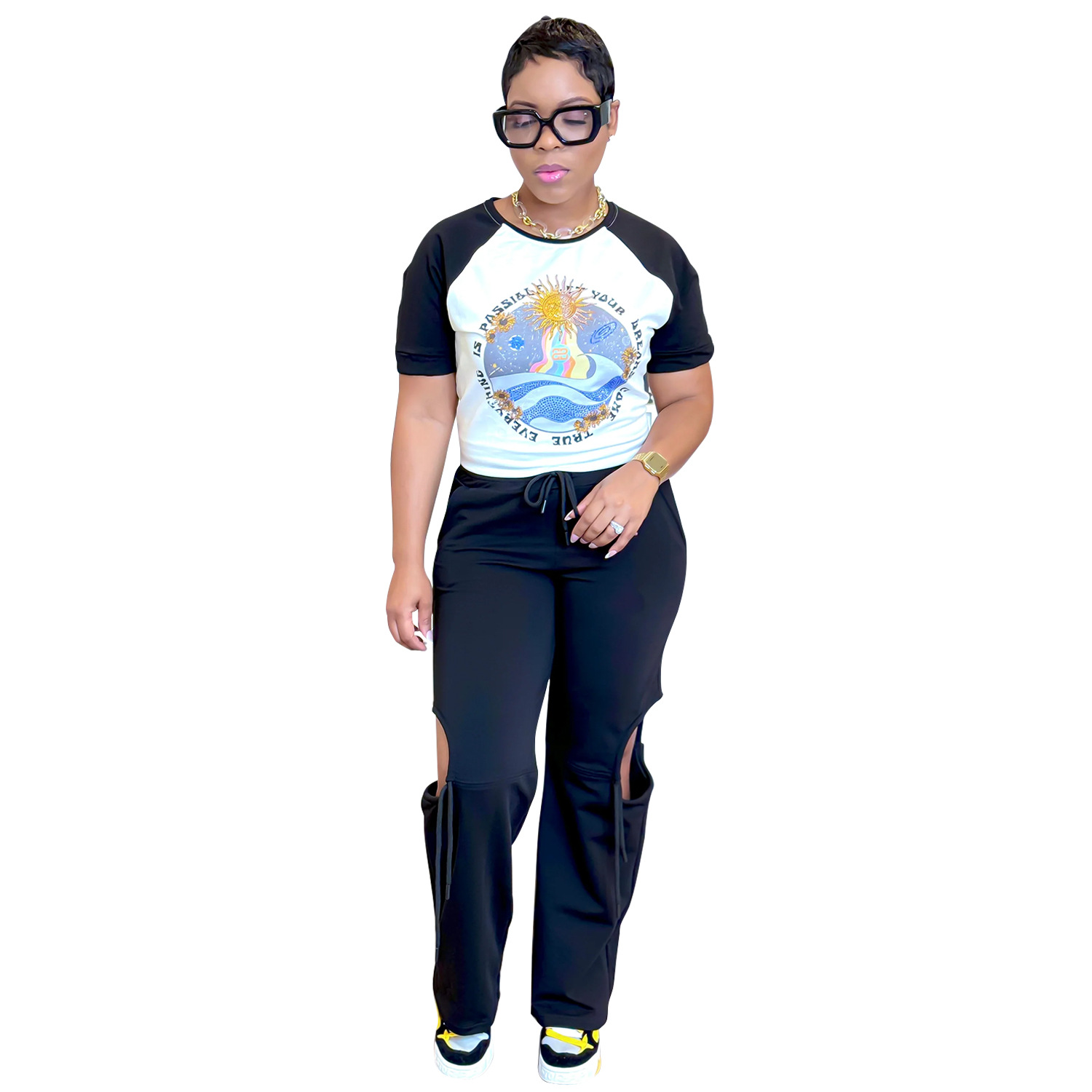 C6998 Aliexpress transfronterizo Amazon estación independiente de moda europea y americana impresión multicolor de ropa de mujer manga corta pantalón largo conjunto