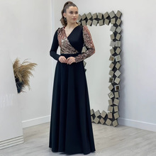 2025春夏跨境新款中东欧美亚马逊女装连衣裙V领拼亮片长袖晚礼服