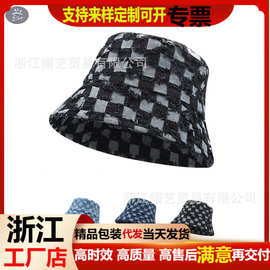新款复古渔夫帽子女防晒遮阳帽水洗牛仔百搭棋盘格水盆帽显脸小