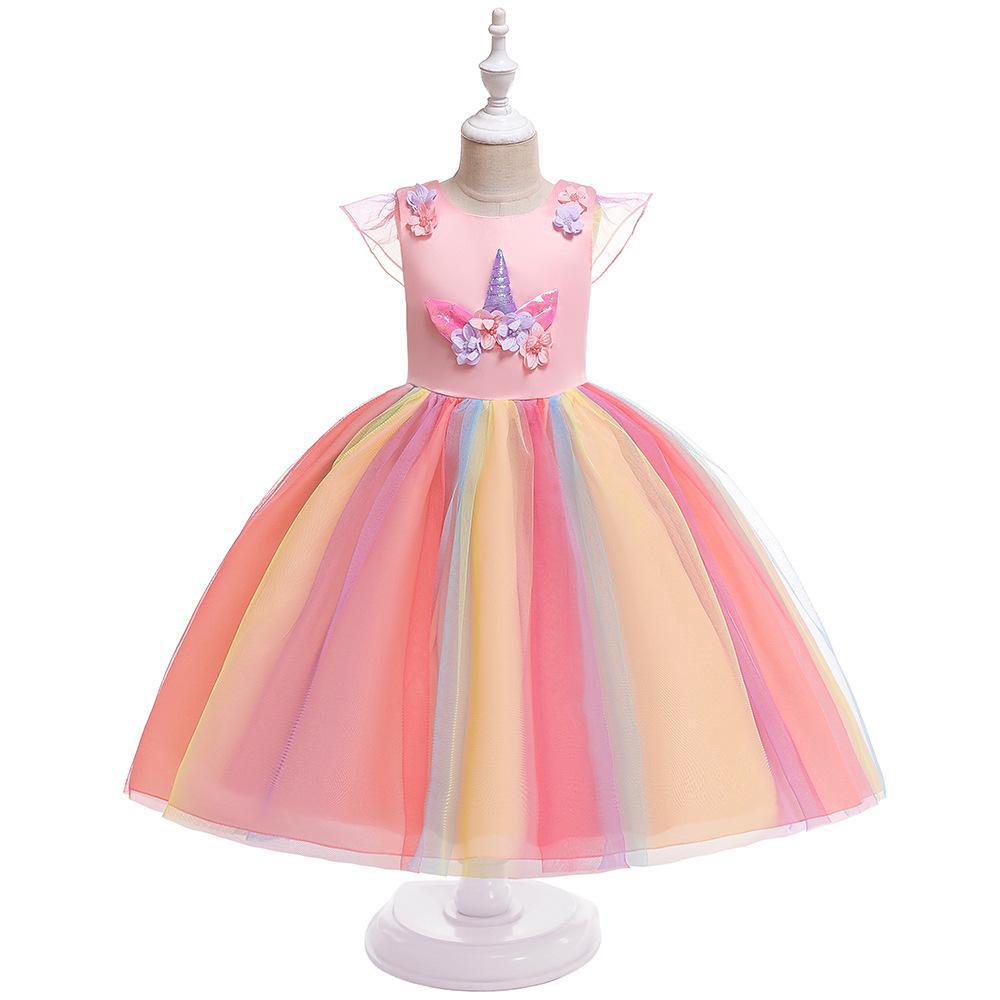 INS ropa para niños Comercio exterior Unicornio para niños vestido de arco iris vestido de princesa Festival Traje vestido de princesa