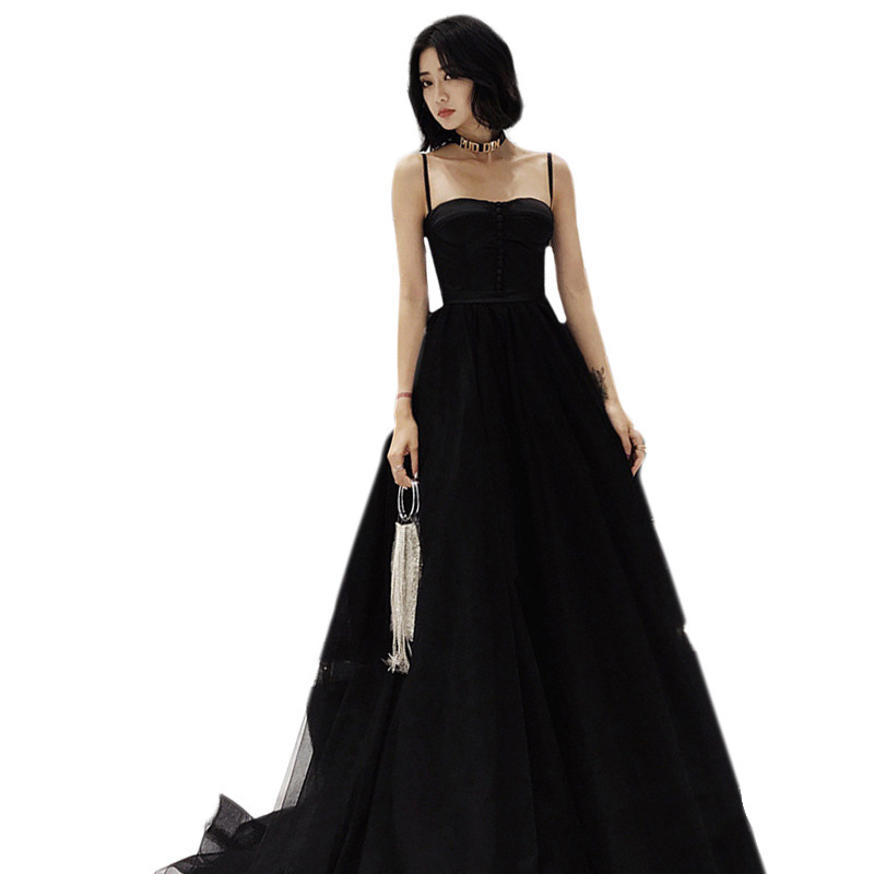 Vestido de noche para mujer, nuevo estilo 2026, vestido de banquete, fiesta de reunión anual, vestido de malla adelgazante negro sin tirantes para anfitriona