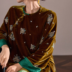 2024冬の新刺繍スパンコールデザイン感シャツゆるいファッション绢糸新中国式上着my変動