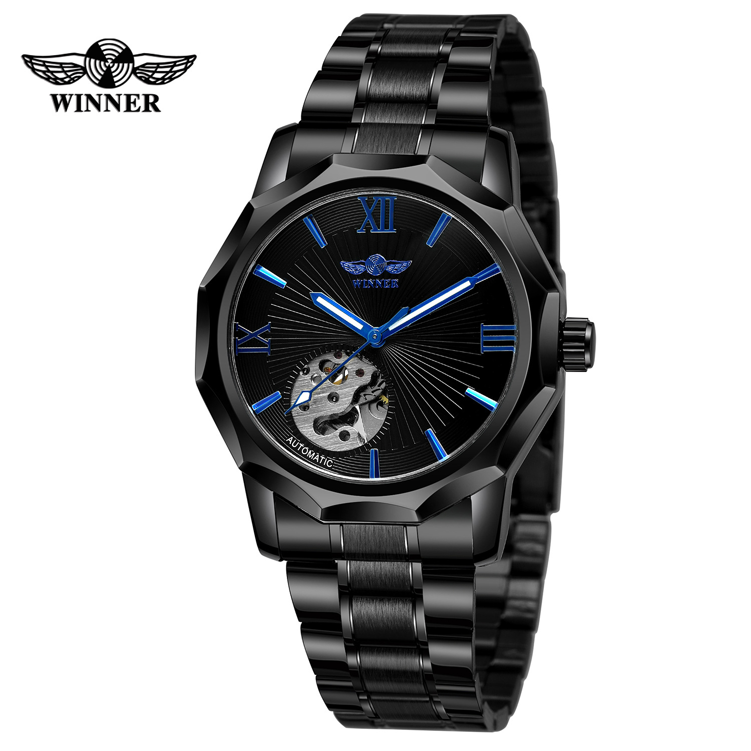 T-WINNER Winner Watch Round Steel Band Watch Black Automatic Mechanical Watch Men's Watch Women's Watch