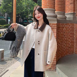 气质轻熟撞色双面羊绒大衣女2025秋冬季宽松百搭松驰感毛呢外套