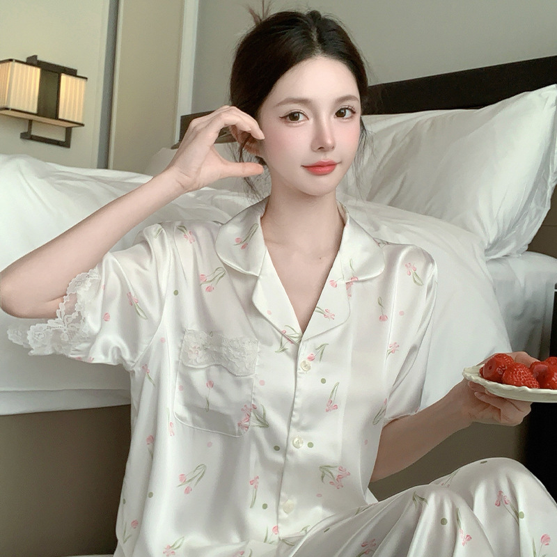Spring and summer new printed short sleeve thin high-value ice silk pajamas women's cool silk home clothes suit wholesale
