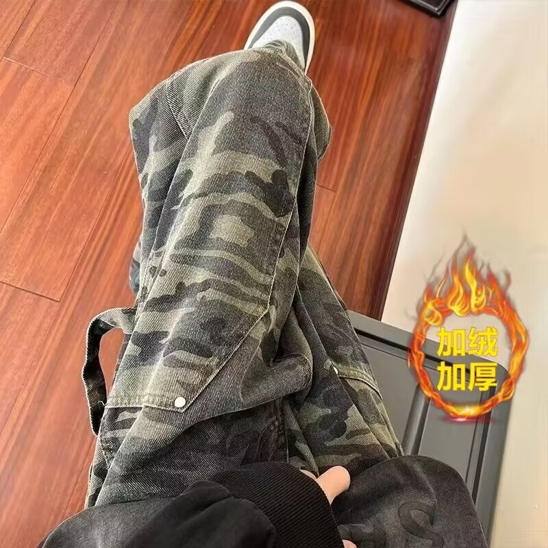 Camouflage fleece-lined Denim Pants Men's American Style High Street Wide-leg Caution Pants Ins Trendy Brand Plutton Handsome Washed Lumber Pants