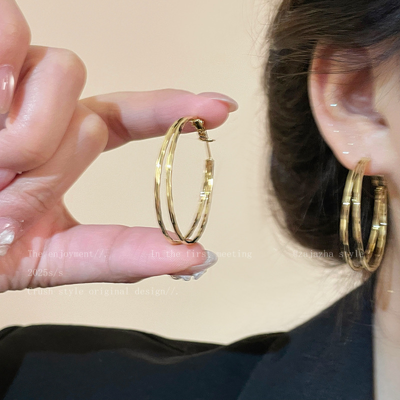 골드 더블 레이어 플레인 후프 귀걸이 4cm