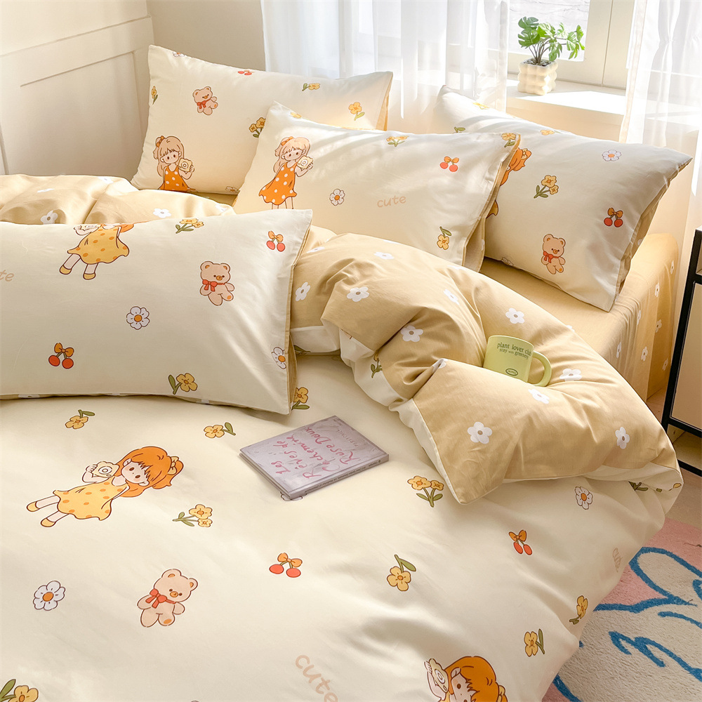 Algodón fresco no estático cuatro piezas de alta densidad ins viento dormitorio de estudiantes de dibujos animados cubierta de colcha de algodón A alto soporte de tres piezas