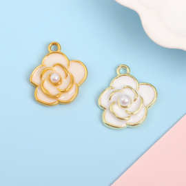 韩版小香风珍珠山茶花吊坠合金滴油花朵饰品配件diy箱包挂件材料
