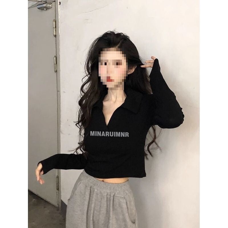 Polo Collar Short Long-Sleeve T-Shirt for Women, Autumn Spicy Girl Style, Slim-Fit Black Base Shirt Top