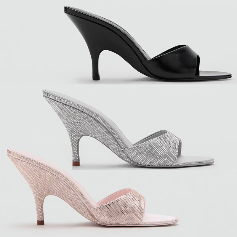 Women's Wedge Sandals 2026 Summer New Arrivals Sexy Open-Toe Mules Pointed Toe Rhinestone Slip-On Shoes for Women Outdoor Wear