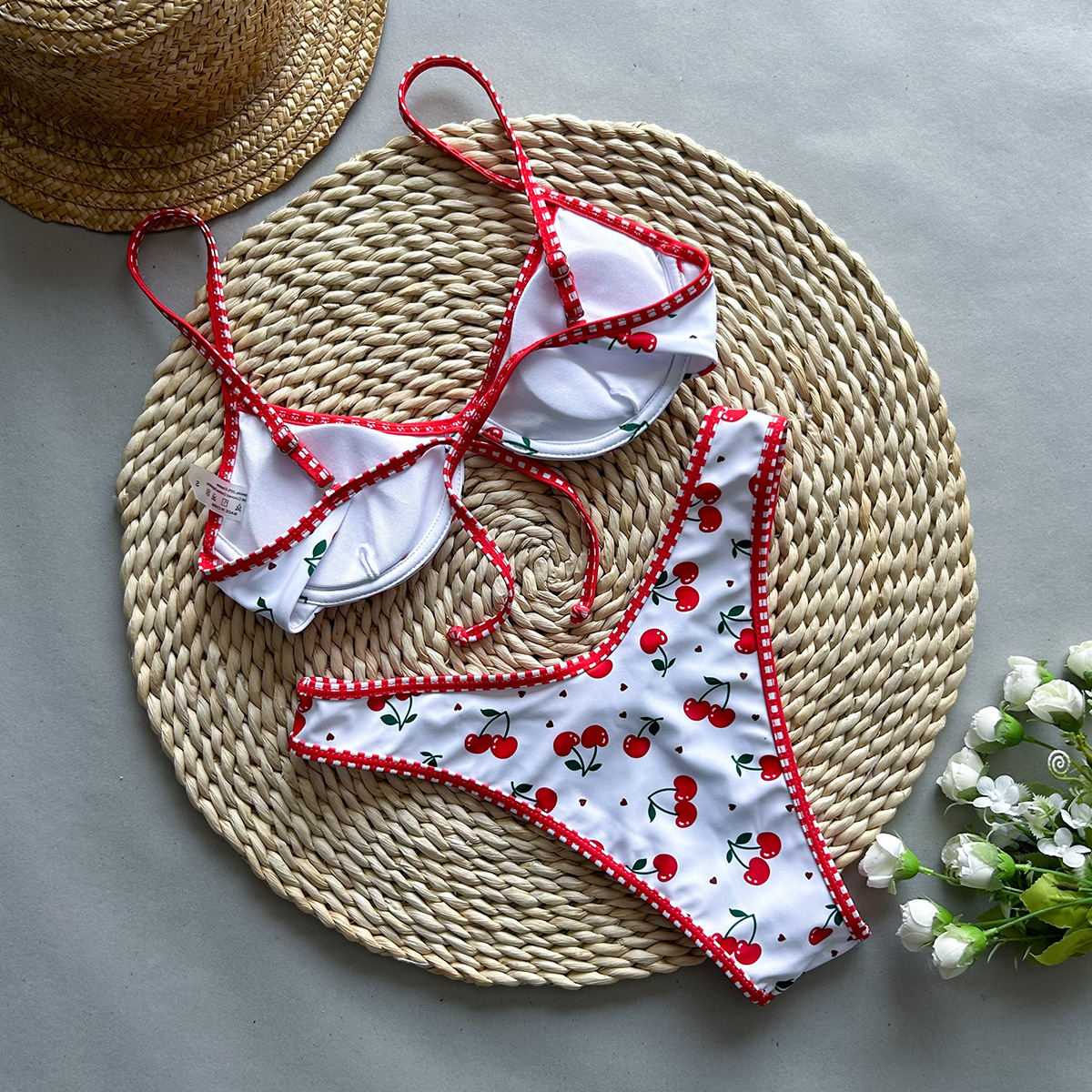 Triangle Cup Bra Cup Women's Gender Women's Cherry 2 Pieces Set Bikinis Swimwear