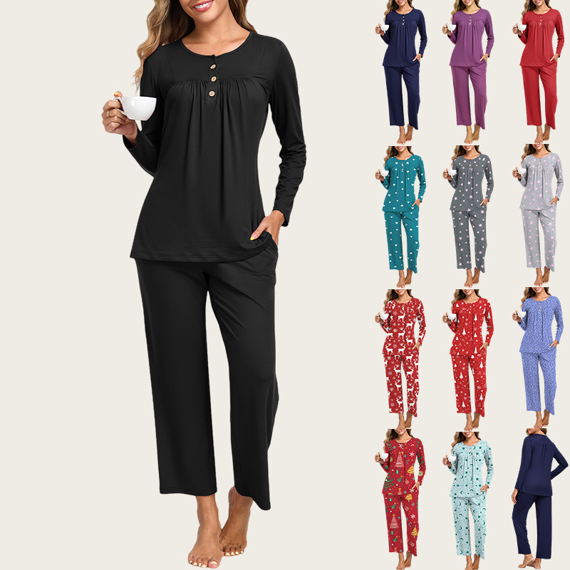 Cross-Border Women's New Christmas Pajamas 2-Piece Set Casual Pocketed Loungewear Long-Sleeved Long Pants Women's Pajamas