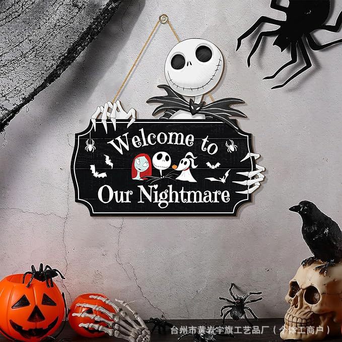 Creative Halloween Skeleton Welcome Sign Halloween Ghost Front Door Hook Decoration Rustic Style Wooden Pendant