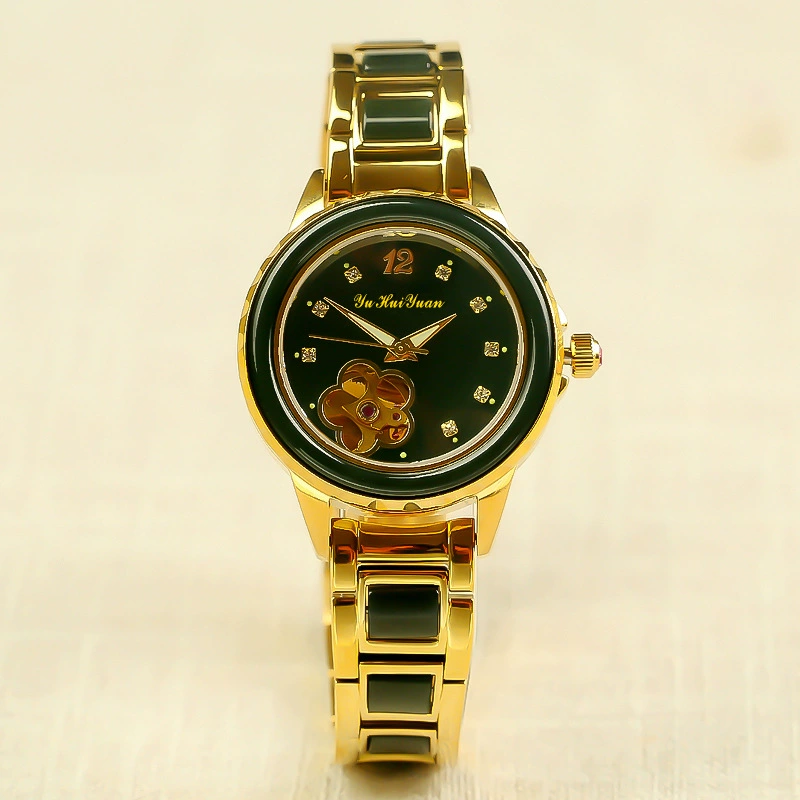Hotan Jade Watch Женские механические Автоматические Цветочные водные призраки Синьцзян Хотан Нефритовые чернила Jade Round Hollow