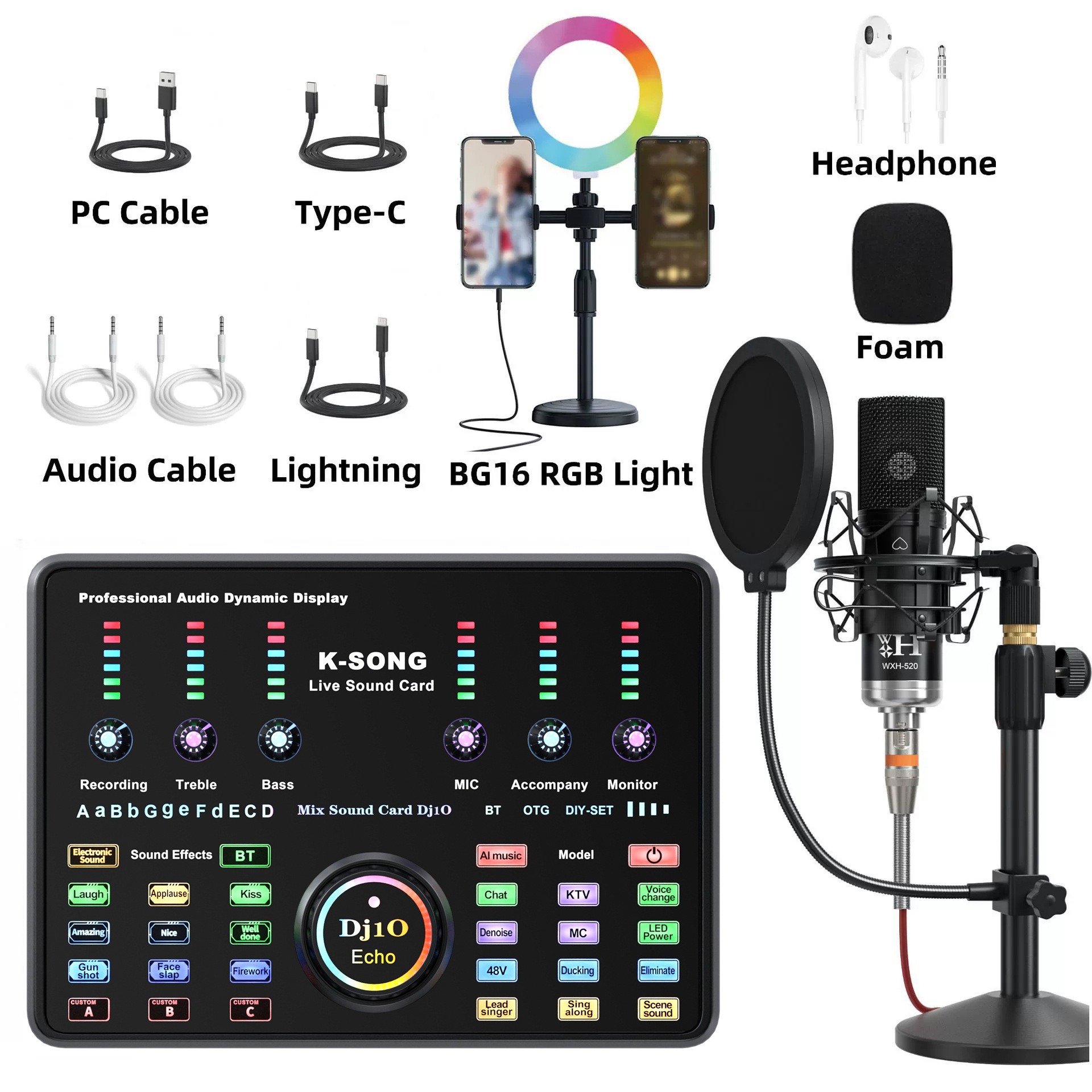New Temu Live Streaming Sound Card Ai Voice Bluetooth Dedicated Full Set for Mobile Karaoke and Computer Universal Audio Mixer