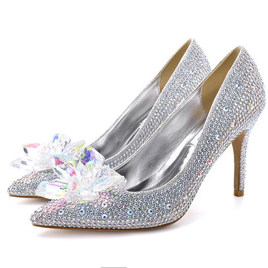 2026 New Cinderella Crystal Shoes Pointed Toe Stiletto Sexy Shallow Mouth Women's High Heels Women's Silver Rhinestone Wedding Shoes