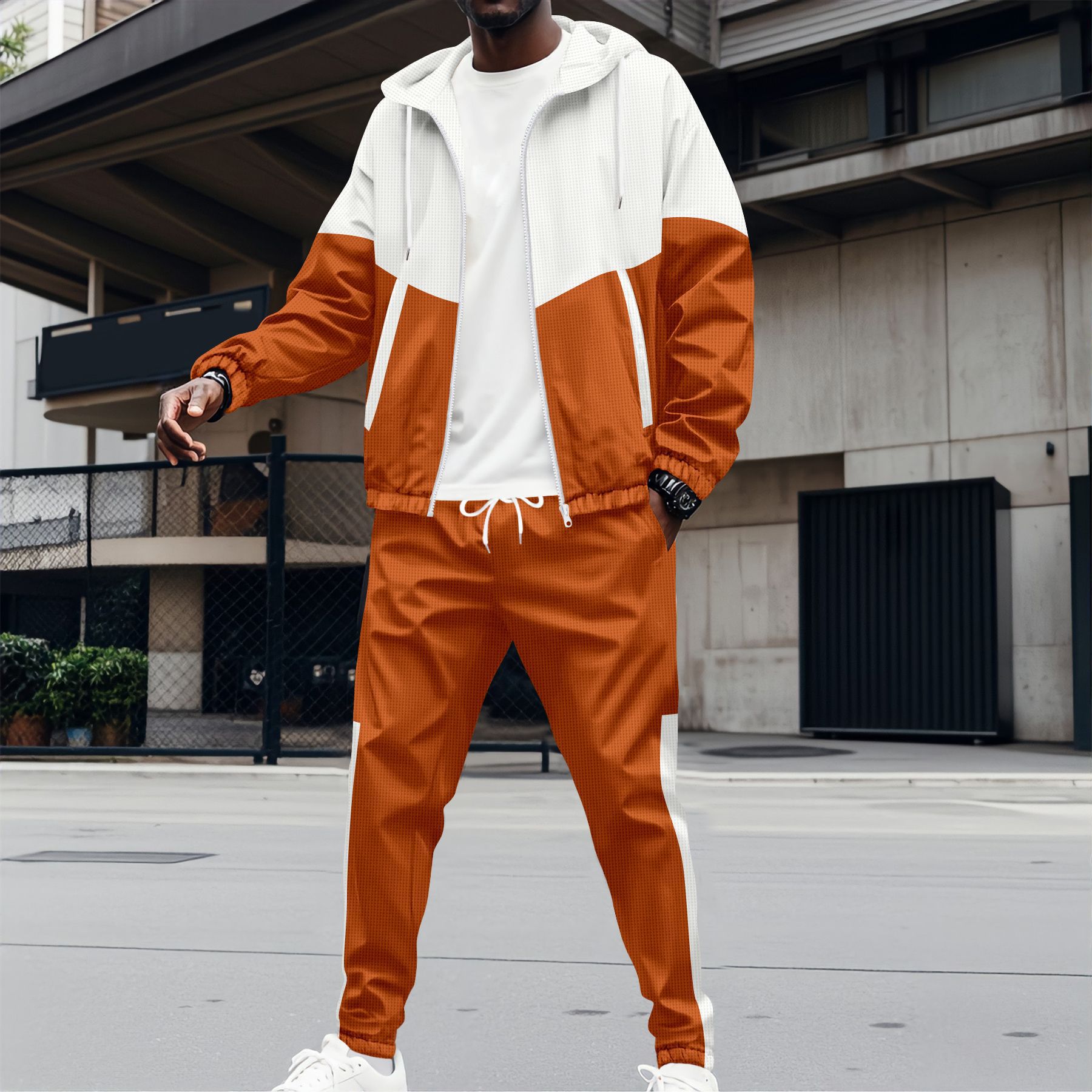 Herren-Trainingsjacke mit Kapuze, Reißverschluss, zwei Taschen, Patchwork-Design, Farbblock-Design, normale Passform, Kurzarm, elegant, aus Polyester_voghion.com