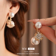 银针镶钻怀表小狗珍珠耳环轻奢高级感耳钉法式复古不对称耳饰小众