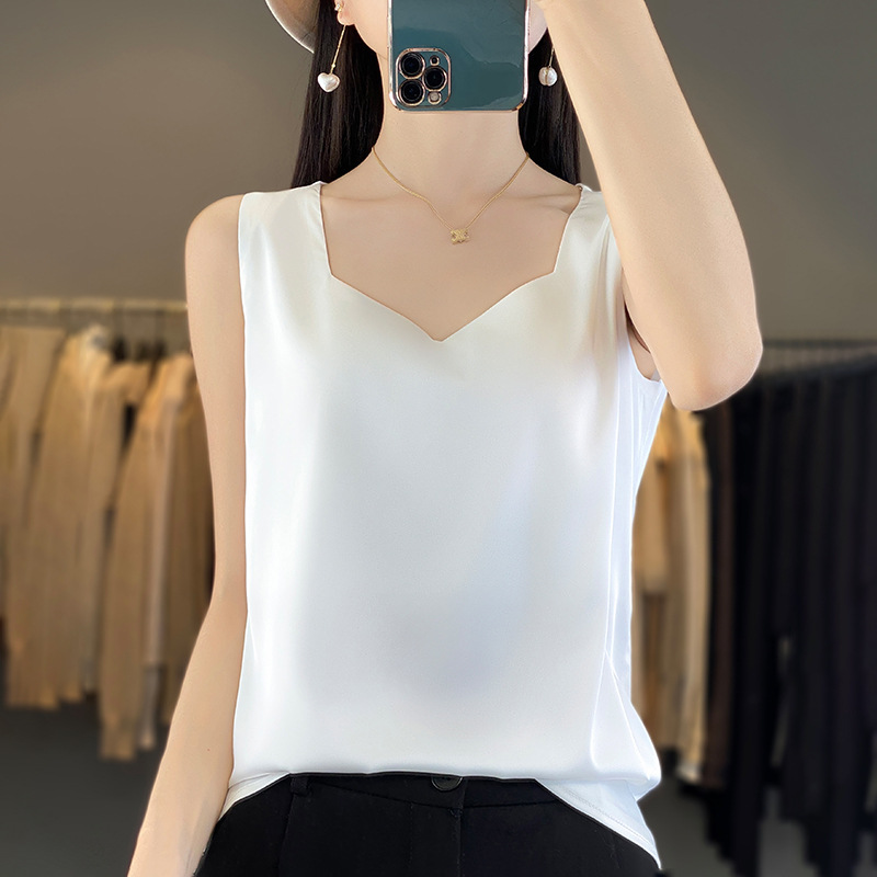 Silk Satin 2026 Summer Women's New Slim-Fit Wide V-Neck Short Stylish Inner Wear Top Camisole T-Shirt